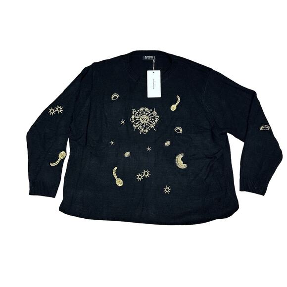 NWT Bloomchic Black Embroidered Knit Celestial Autumn Cozy Sweater Size 26 - Picture 2 of 9
